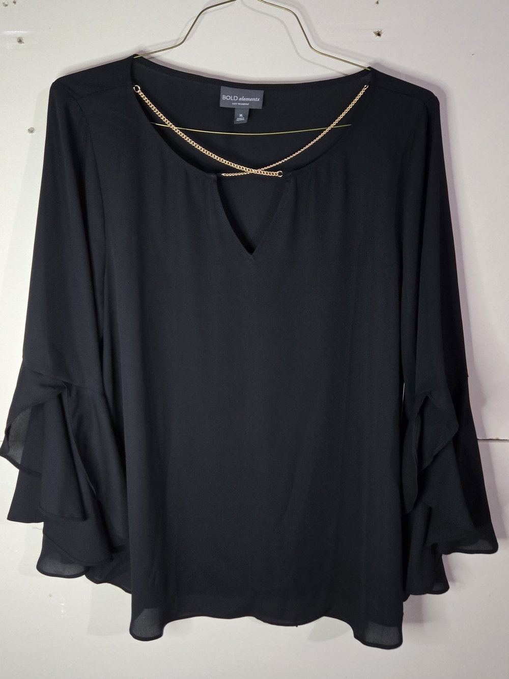 Bold Elements Black 3/4 Tiered Bell Sleeve Blouse Gold Chain Neck, Size XL